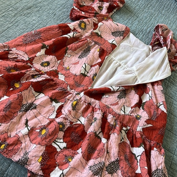 LOFT Poppy Square Neck Puffed Sleeve Tiered Mini Dress in Coral - Picture 5 of 9